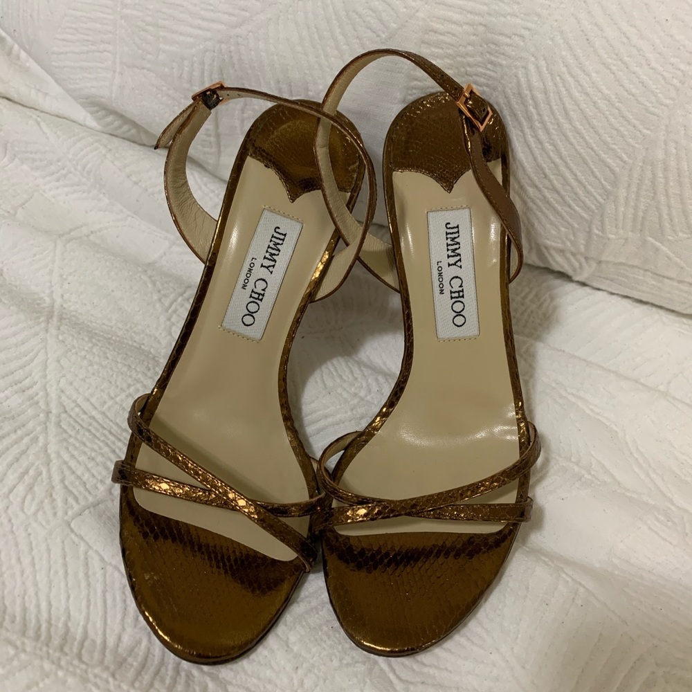 Jimmy Choo open toe shiny bronze heels